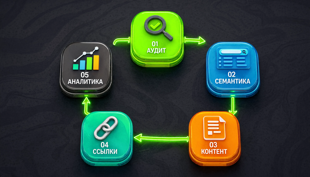 Схема услуг SEO-агентства: аудит, семантика, контент, ссылки, аналитика
