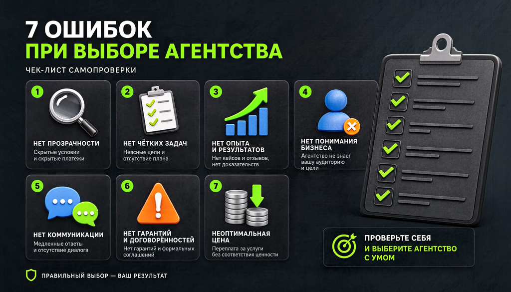 Инфографика: 7 типичных ошибок при выборе SEO-агентства с иконками и последствиями