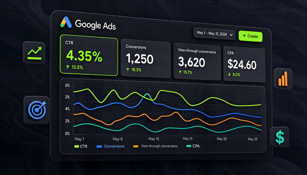 Скриншот отчёта Google Ads Demand Gen с показателями CTR, конверсий, view-through conversions и CPA