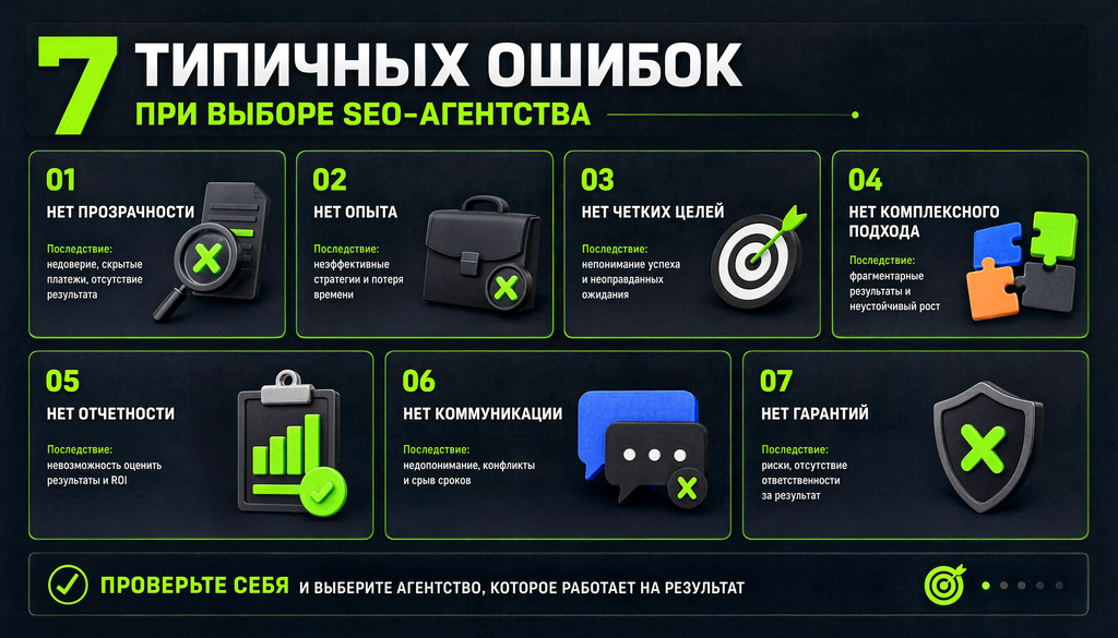 Инфографика: 7 типичных ошибок при выборе агентства с иконками и последствиями, чек-лист для самопроверки