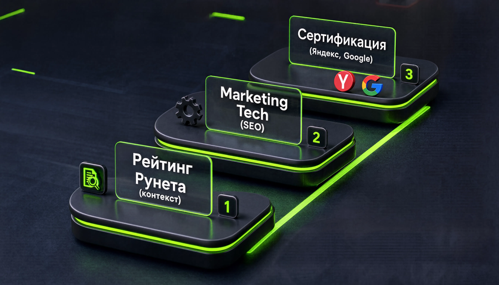 Схема рейтингов: от Рейтинга Рунета через Marketing Tech до сертификации Яндекса и Google, помогает выбрать рейтинг под задачу.