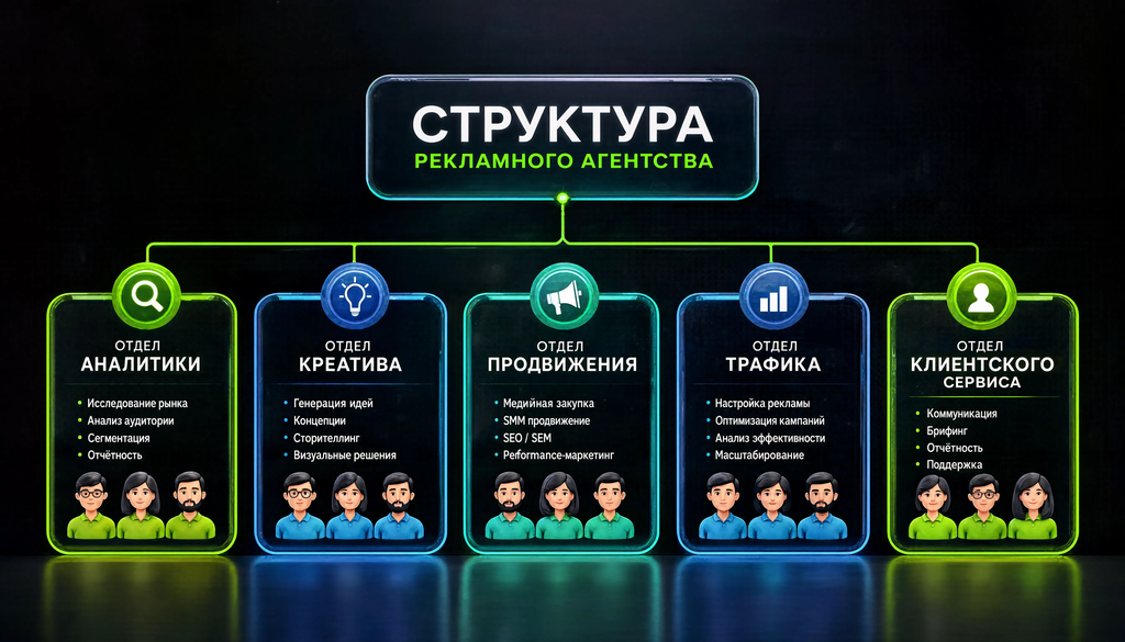 Структура рекламного агентства: 5 отделов с функциями и сотрудниками. Помогает понять устройство агентства.