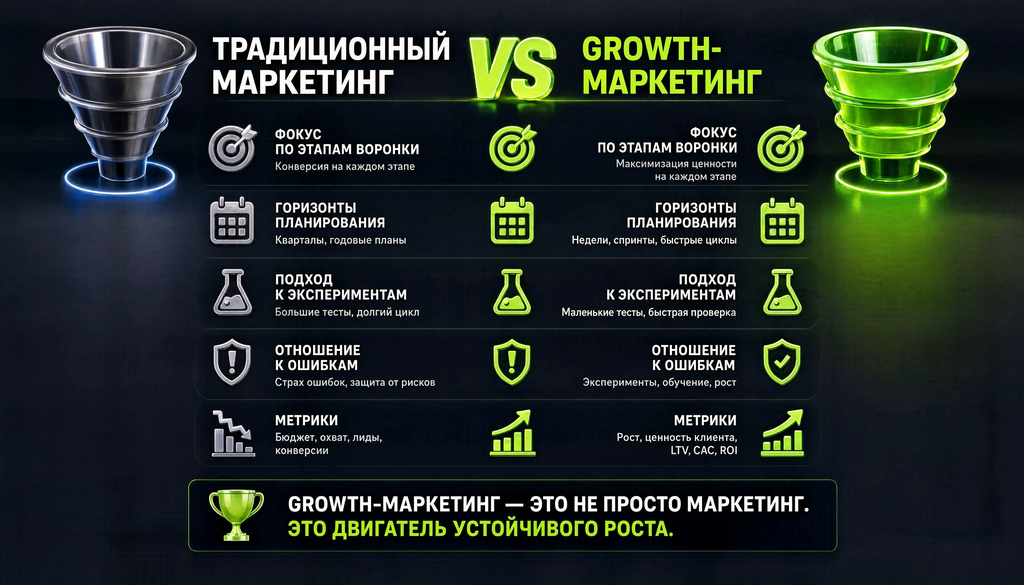 Сравнение традиционного маркетинга и growth-маркетинга: фокус по этапам воронки, горизонты планирования, подход к экспериментам, отношение к ошибкам и метрикам в виде инфографики