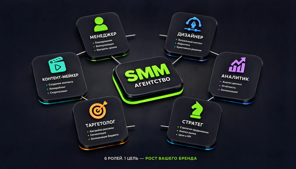 Инфографика: структура SMM-агентства с 6 ролями и их обязанностями для понимания устройства агентства и выбора услуг