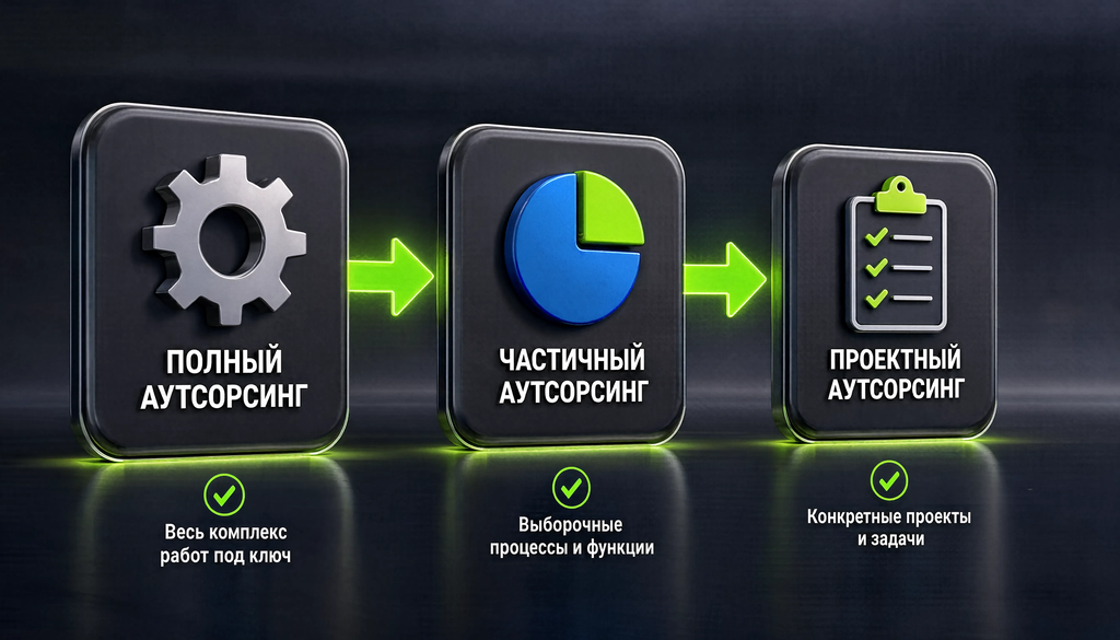 Схема аутсорсинга: полный, частичный, проектный аутсорсинг для выбора формата сотрудничества