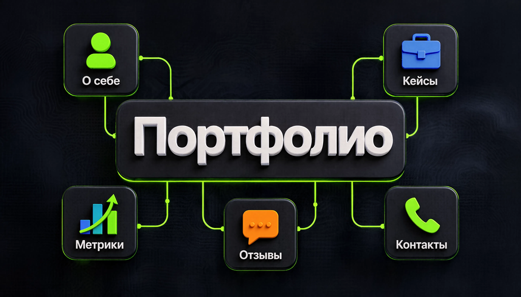 Инфографика структуры портфолио: о себе, кейсы, метрики, отзывы, контакты