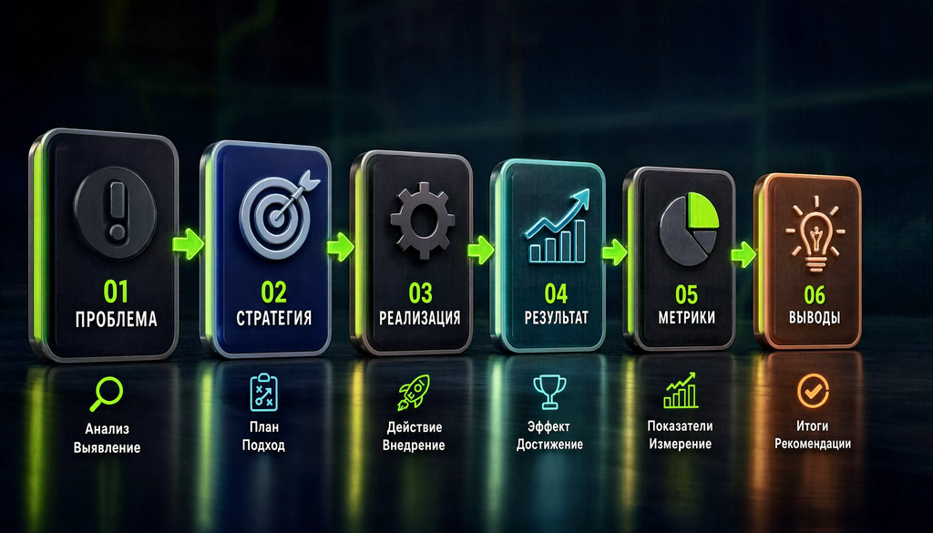 Инфографика структуры рекламного кейса: 6 последовательных этапов (проблема, стратегия, реализация, результат, метрики, выводы) со стрелками и пояснениями