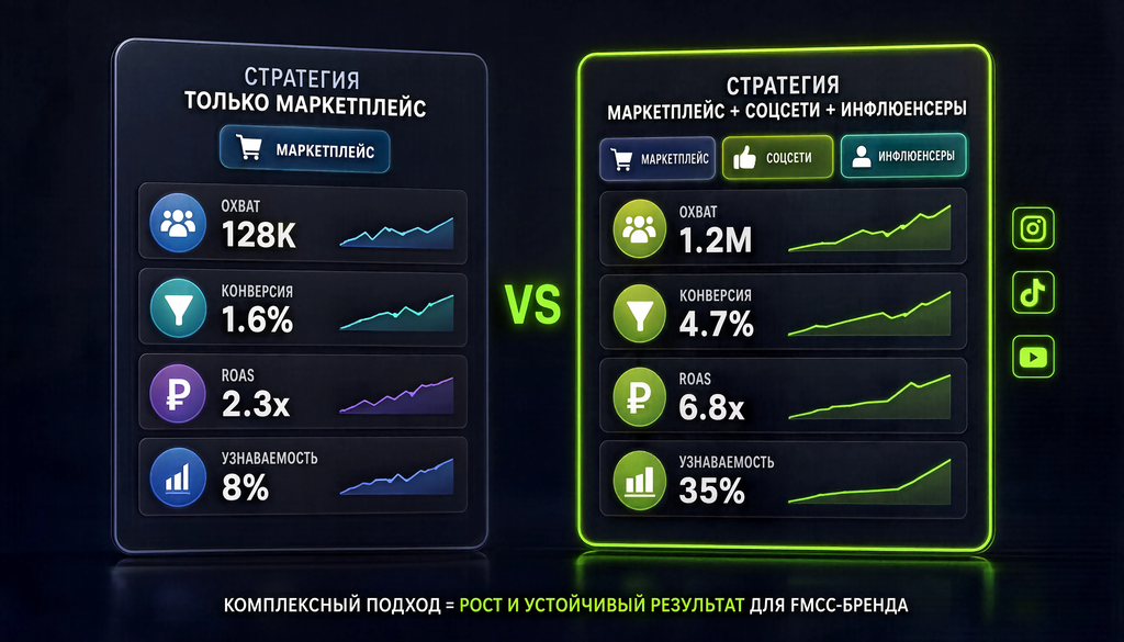Сравнение рекламы FMCG-бренда: только маркетплейс против маркетплейс + соцсети + инфлюенсеры с метриками охвата, конверсии, ROAS и узнаваемости