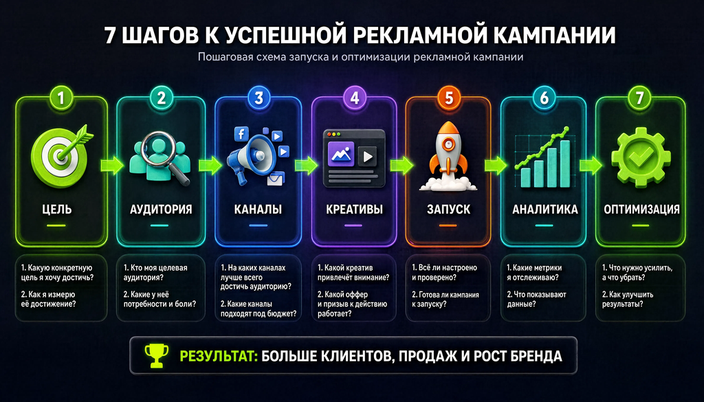 Пошаговая схема запуска рекламной кампании: цель, аудитория, каналы, креативы, запуск, аналитика, оптимизация с ключевыми вопросами для самопроверки