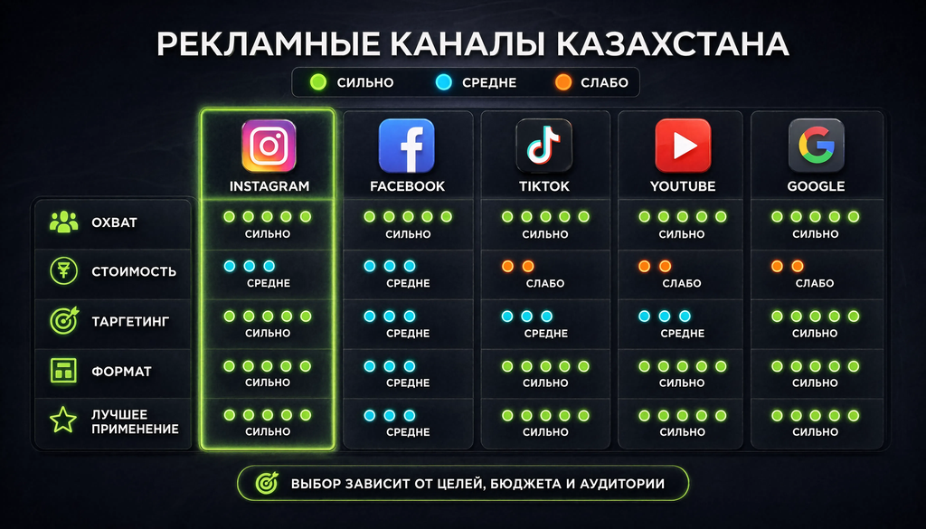 Сравнительная таблица 6 рекламных платформ Казахстана по 5 критериям: охват, стоимость, таргетинг, формат, лучшее применение. Цветовая индикация сильно/средне/слабо.