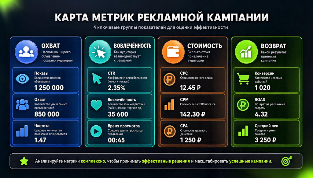 Инфографика карты метрик рекламной кампании: 4 группы &mdash; охват, вовлечённость, стоимость, возврат, с ключевыми показателями, иконками и нормальными значениями