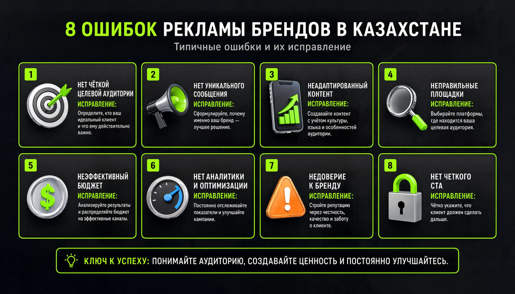 Инфографика: 8 типичных ошибок рекламы брендов в Казахстане с иконками и краткими способами исправления