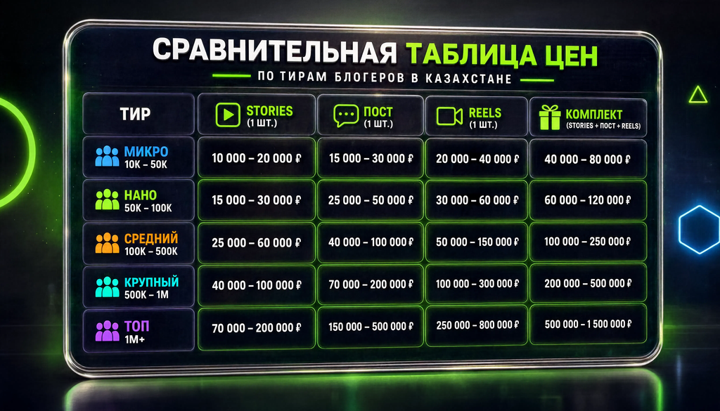 Сравнительная таблица цен блогеров Казахстана по тирам и форматам, диапазоны в тенге