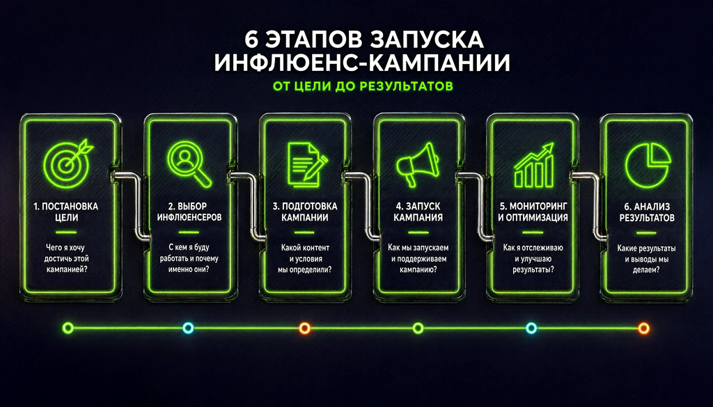 Пошаговая схема запуска инфлюенс-кампании: 6 этапов от цели до анализа результатов с ключевыми вопросами для самопроверки