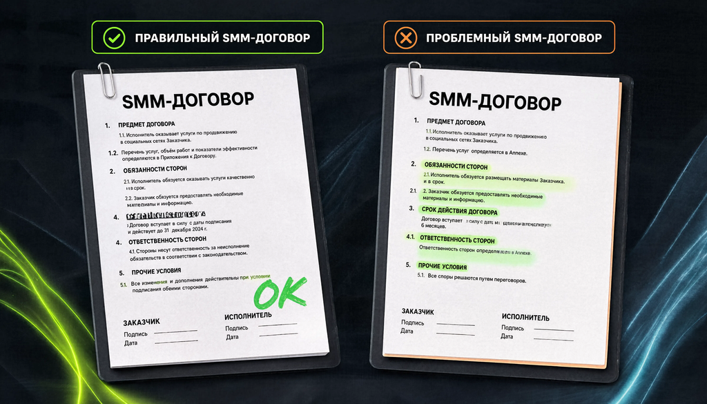 Сравнение правильного и проблемного SMM-договора: предмет, объем, доступы, правки, ответственность, расторжение