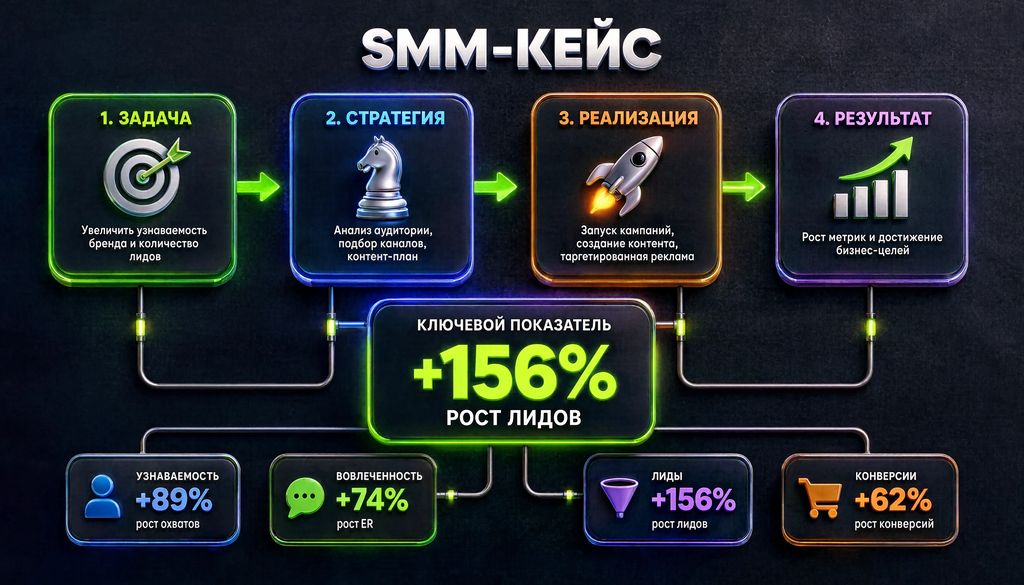 Инфографика структуры SMM-кейса: задача, стратегия, реализация, результат с метриками