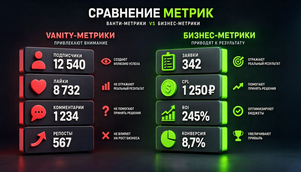 Сравнительная иллюстрация vanity-метрик (подписчики, лайки) и бизнес-метрик (заявки, CPL, ROI) в виде двухколоночной таблицы с пояснениями, помогающая сфокусироваться на метриках, влияющих на бизнес