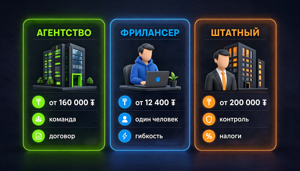 Сравнение агентства, фрилансера и штатного сотрудника по 6 критериям: стоимость, команда, договор, контроль, налоги, гибкость