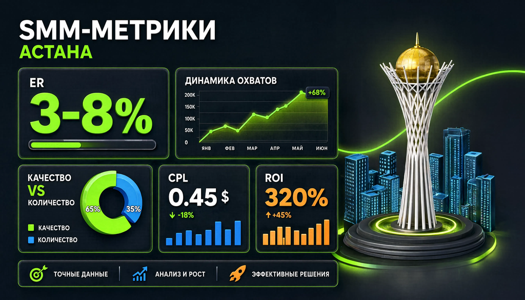 Инфографика метрик SMM для Астаны: ER, охваты, рост, заявки, CPL, ROI