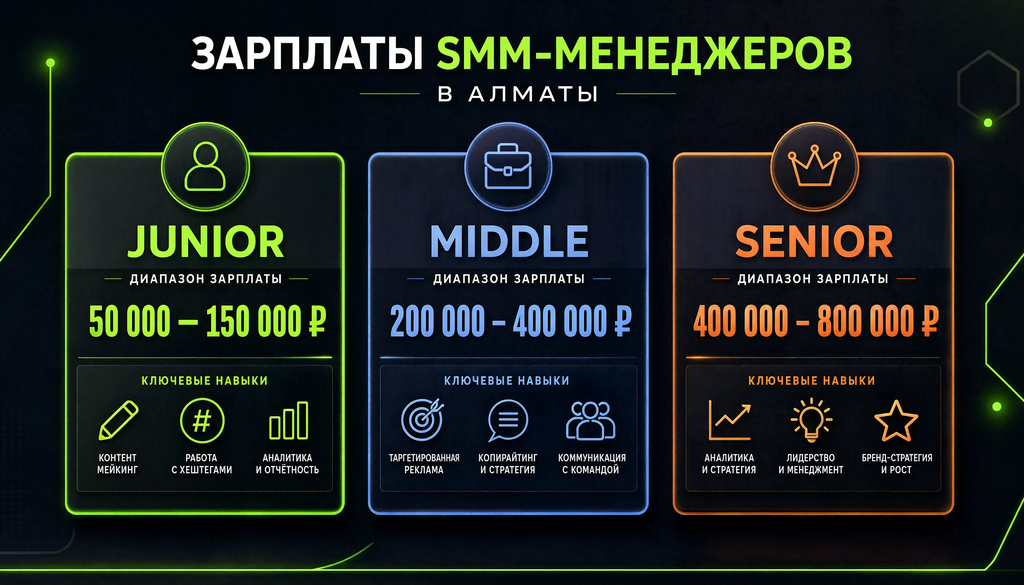 Инфографика зарплат SMM-менеджеров в Алматы: Junior 50 000-150 000 тенге, Middle 200 000-400 000 тенге, Senior 400 000-800 000 тенге
