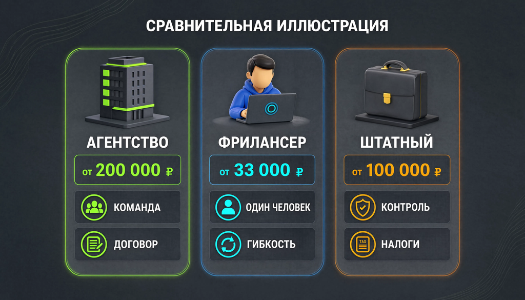 Сравнительная таблица агентства, фрилансера и штатного сотрудника по 6 критериям с ценами