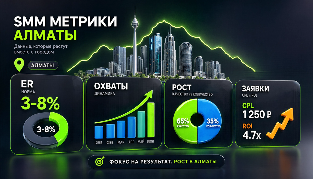Метрики SMM для Алматы: ER, охваты, рост, заявки CPL и ROI