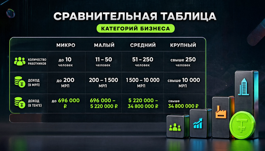 Сравнительная таблица категорий микро, малого, среднего и крупного бизнеса по количеству работников и доходу в МРП и тенге