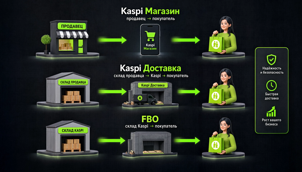 Три модели логистики Kaspi: Магазин (продавец &rarr; покупатель), Доставка (склад продавца &rarr; Kaspi &rarr; покупатель), FBO (склад Kaspi &rarr; покупатель)