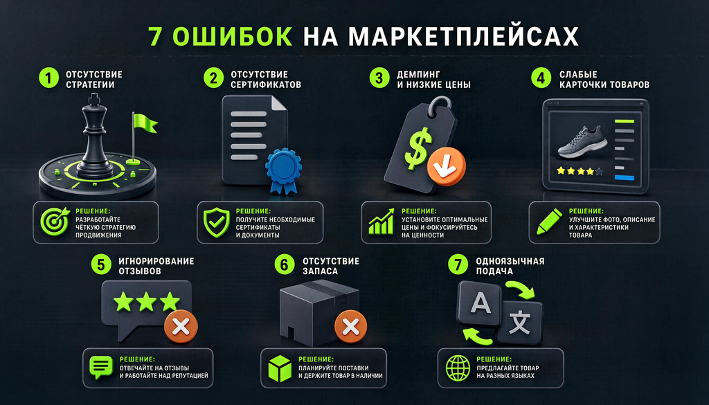Инфографика: Топ-7 ошибок в продажах на маркетплейсах с решениями