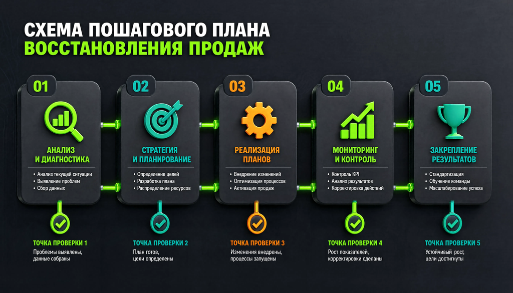 Пошаговый план восстановления продаж из 5 шагов с ключевыми действиями и точками проверки