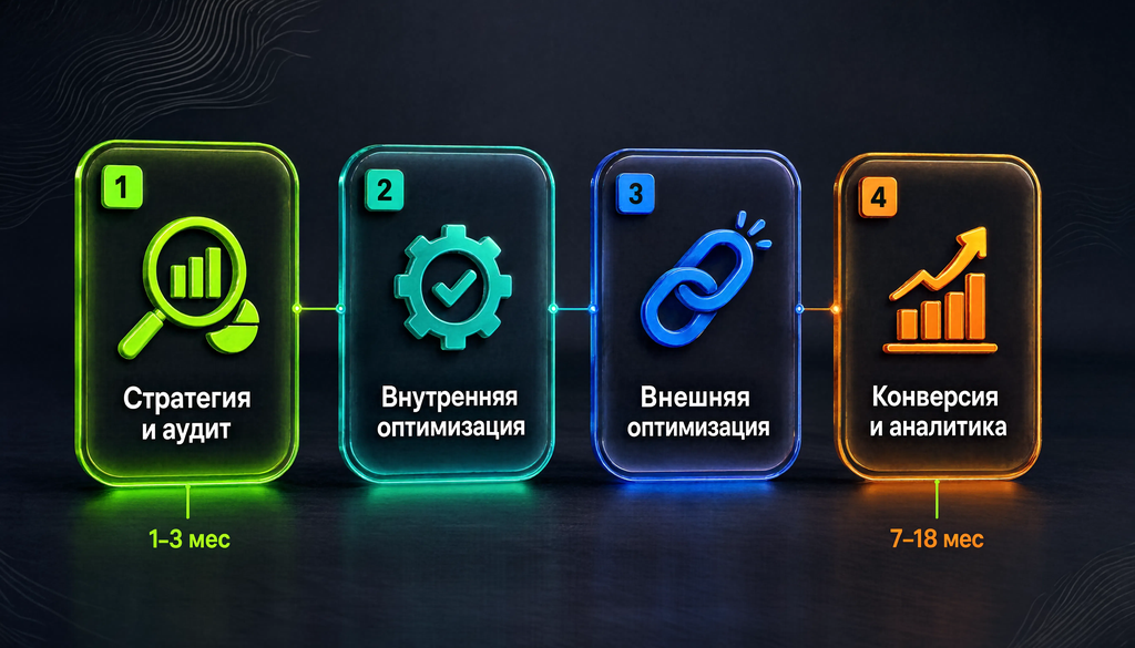 Этапы SEO-продвижения: стратегия и аудит, внутренняя оптимизация, внешняя оптимизация, конверсия и аналитика, со сроками 1-3 мес для первых результатов и 7-18 мес для значительных