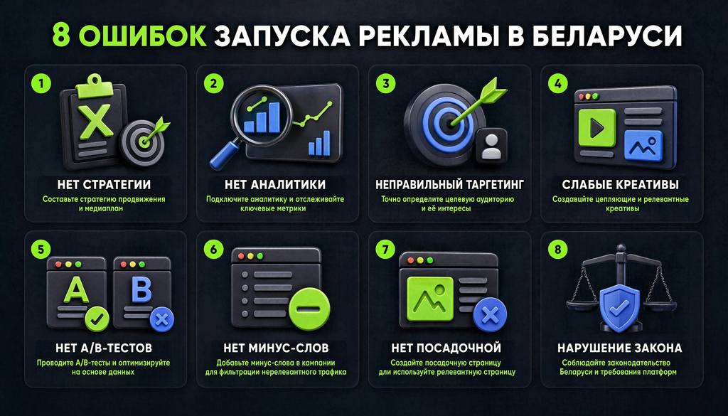 Инфографика: Топ-8 ошибок при запуске рекламы в Беларуси с решениями
