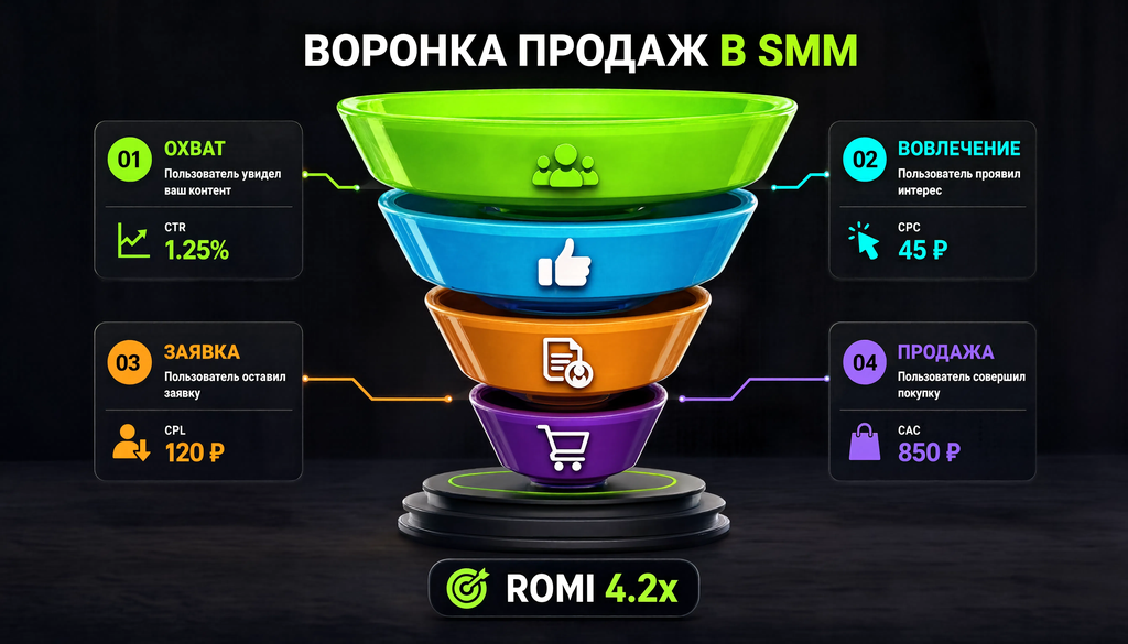 Воронка продаж в SMM с метриками CTR, CPC, CPL, CAC, ROMI на этапах охват, вовлечение, заявка, продажа