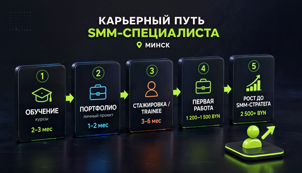Схема карьерного пути SMM-специалиста в Минске: обучение, портфолио, стажировка, первая работа, рост до SMM-стратега с указанием сроков и зарплат