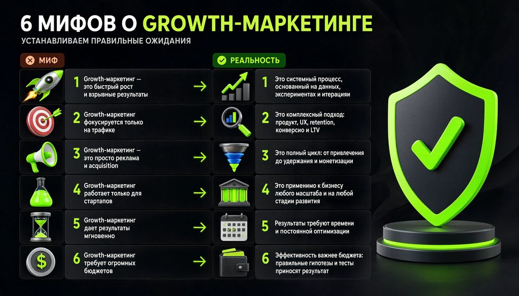 Инфографика: шесть мифов о growth-маркетинге в формате миф против реальности
