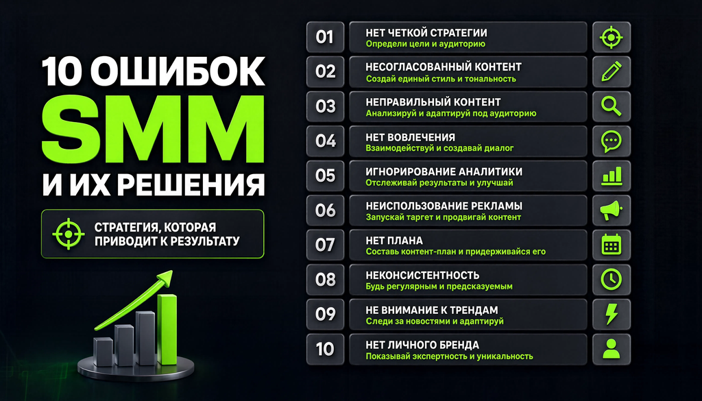 Инфографика топ-10 ошибок в SMM в Беларуси и решения для каждой