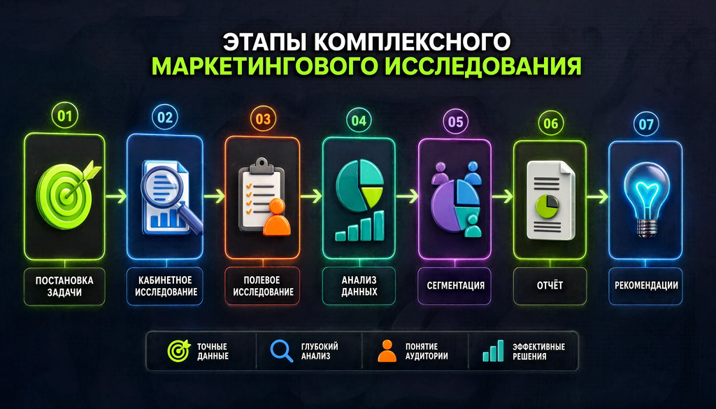 Схема этапов комплексного маркетингового исследования: постановка задачи, кабинетное исследование, полевое исследование, анализ данных, сегментация, отчет и рекомендации.
