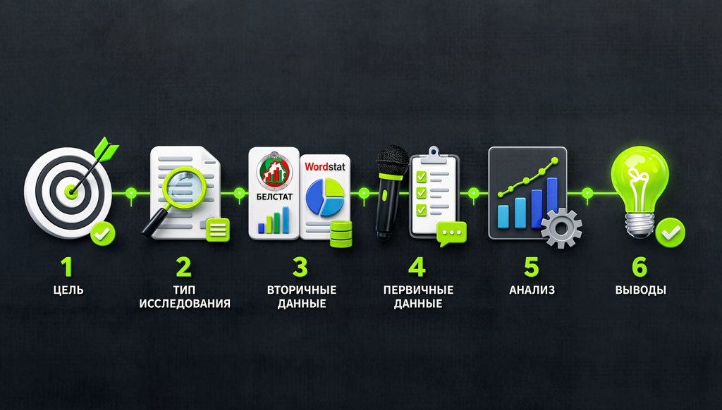 Схема пошагового процесса самостоятельного исследования: 1) Цель, 2) Тип исследования, 3) Вторичные данные (Белстат, Вордстат), 4) Первичные данные (опросы, интервью), 5) Анализ, 6) Выводы. На каждом этапе указаны инструменты.