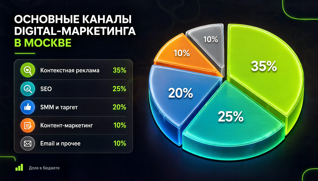 Инфографика распределения бюджета digital-маркетинга в Москве: контекстная реклама 35%, SEO 25%, SMM и таргет 20%, контент-маркетинг 10%, email и прочее 10%