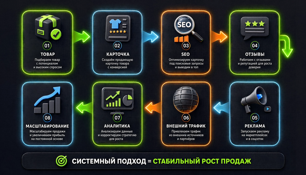 Инфографика: последовательность этапов от товара до масштабирования, включая карточку, SEO, отзывы, рекламу, внешний трафик, аналитику.