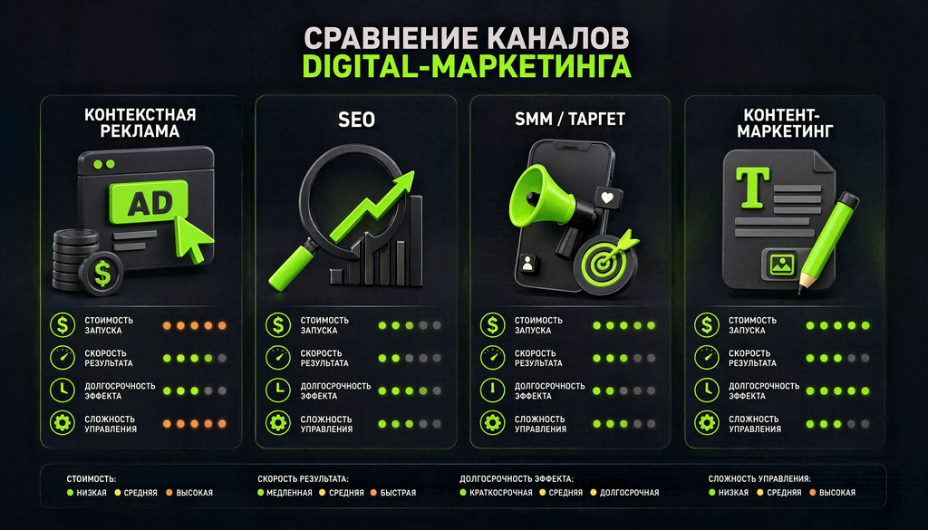 Сравнение каналов digital-маркетинга: контекст, SEO, SMM/таргет, контент по стоимости запуска, скорости результата, долгосрочности эффекта и сложности управления.