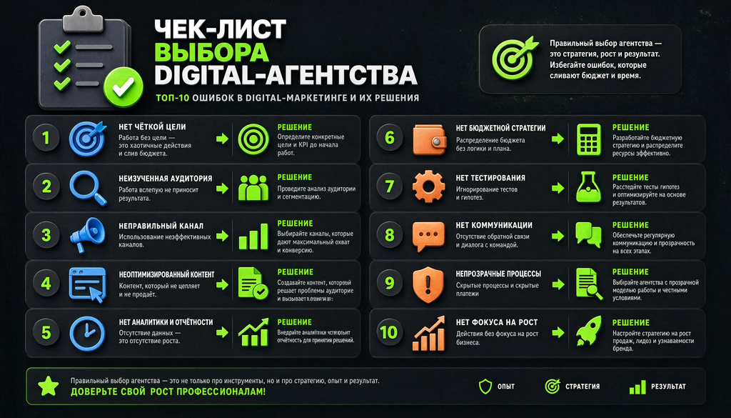 Инфографика: Топ-10 ошибок в digital-продвижении в Москве с решениями