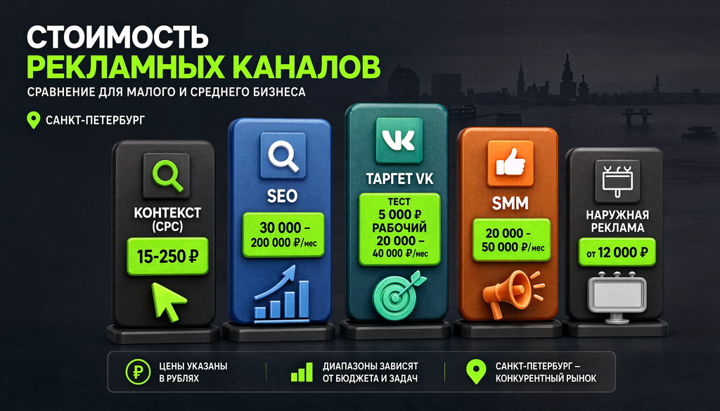 Инфографика сравнения стоимости рекламных каналов в Санкт-Петербурге: контекстная реклама, SEO, таргет VK, SMM, наружная реклама. Диапазоны цен для малого и среднего бизнеса.