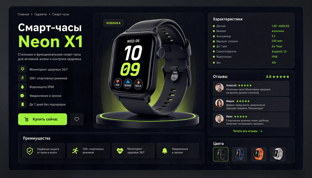 Screenshot of a product card with labeled sections including title, description, infographics, characteristics, and reviews, with highlighted zones.