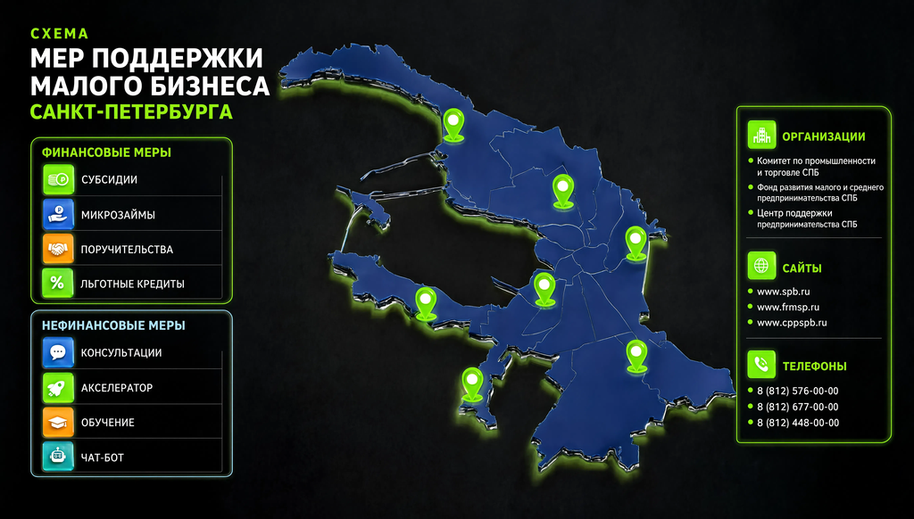 Карта мер поддержки малого бизнеса в Санкт-Петербурге: финансовые меры (субсидии КППИТ, микрозаймы Фонда микрофинансирования, поручительства Фонда содействия кредитованию, льготные кредиты Фонда развития промышленности) и нефинансовые меры (консультации ЦРПП, Городской акселератор, ЦИСС, обучение, чат-бот в Telegram). Указаны организации, сайты и телефоны.