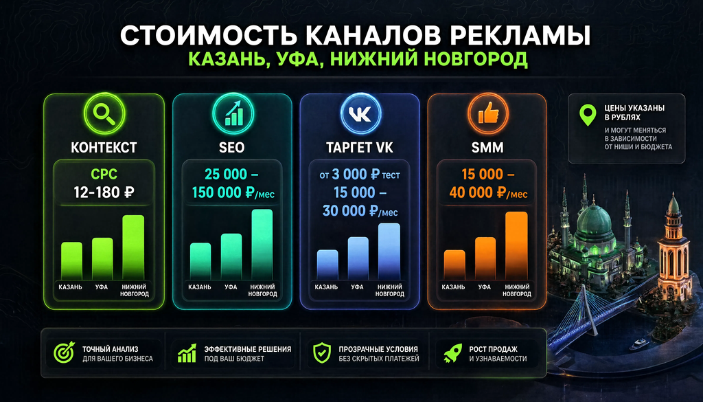 Инфографика сравнения стоимости рекламных каналов в Казани, Уфе и Нижнем Новгороде: контекстная реклама CPC от 12 до 180 руб, SEO от 25 000 до 150 000 руб/мес, таргетированная реклама VK от 3 000 руб тест и 15 000-30 000 руб/мес, SMM от 15 000 до 40 000 руб/мес. Диапазоны для малого и среднего бизнеса.