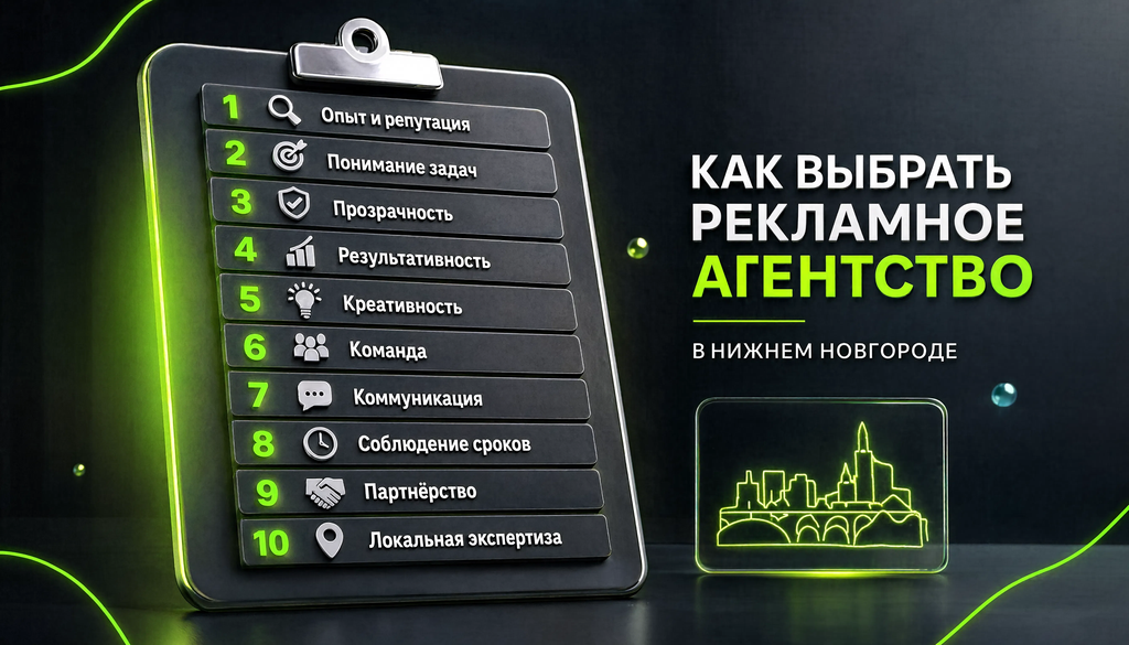 Чек-лист выбора рекламного агентства в Нижнем Новгороде: 10 пунктов с кейсами, отзывами на 2ГИС и AllAdvertising.ru, KPI в договоре, формат отчётности, условия расторжения, прозрачность бюджета, команда, доступы, сроки, коммуникация.