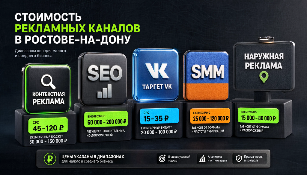 Сравнение стоимости рекламных каналов в Ростове-на-Дону: контекст, SEO, таргет VK, SMM, наружная реклама.