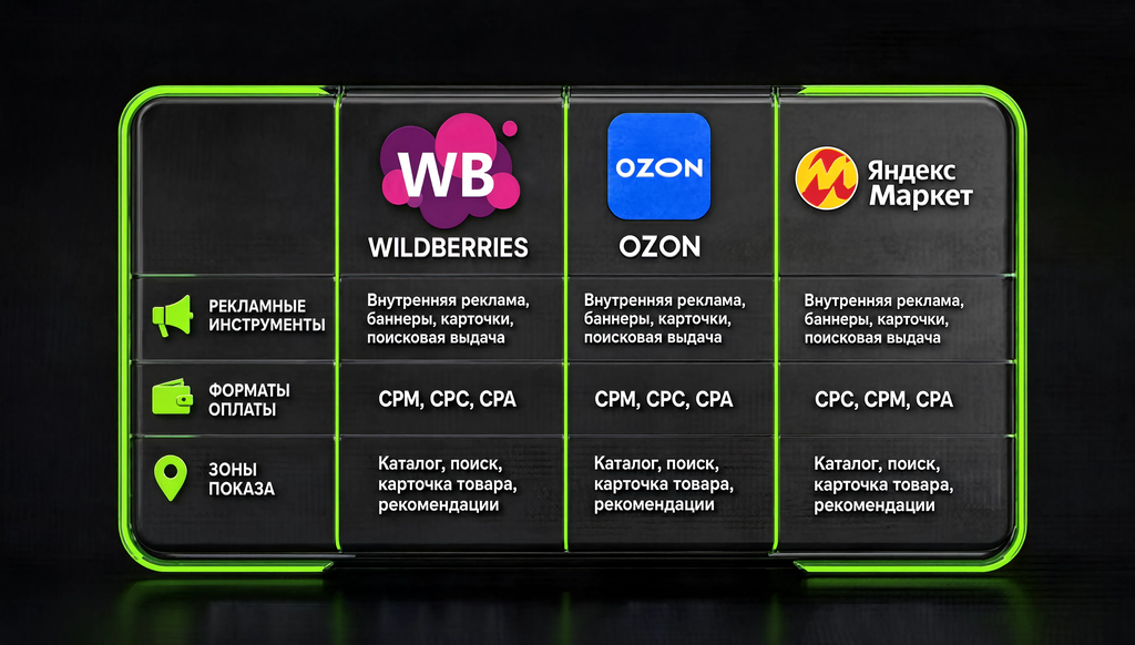 Сравнение рекламных инструментов Wildberries, Ozon и Яндекс Маркета: названия, формат оплаты, зоны показа