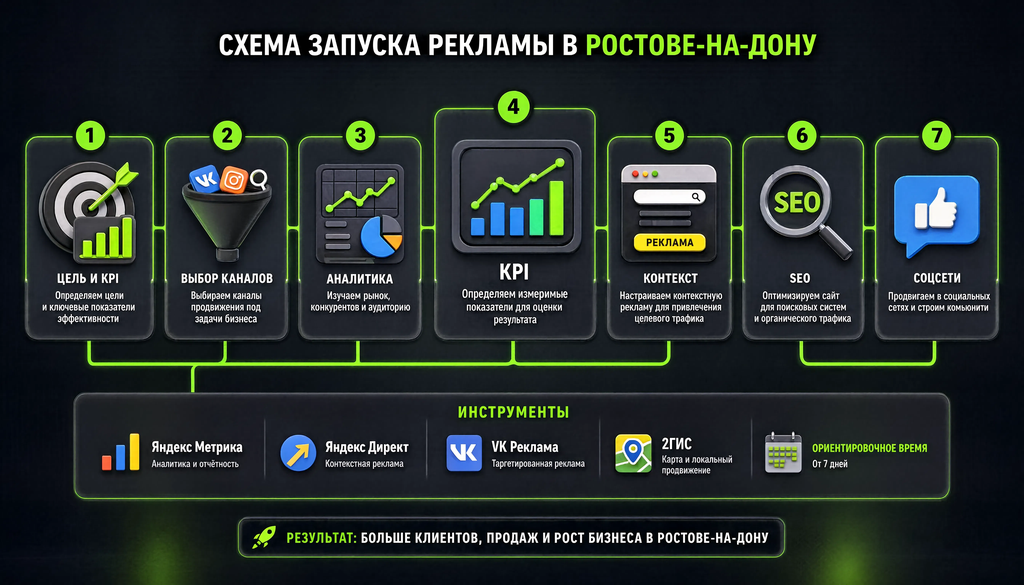 Пошаговая схема запуска рекламы в Ростове-на-Дону: 7 шагов с целями, KPI, каналами, аналитикой, контекстом, SEO, соцсетями и инструментами